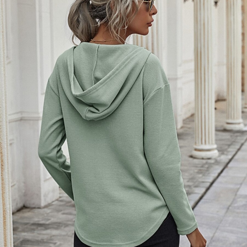 Cozy Blush v neck waffle knit long sleeve hoodie top - Picture 3 of 9